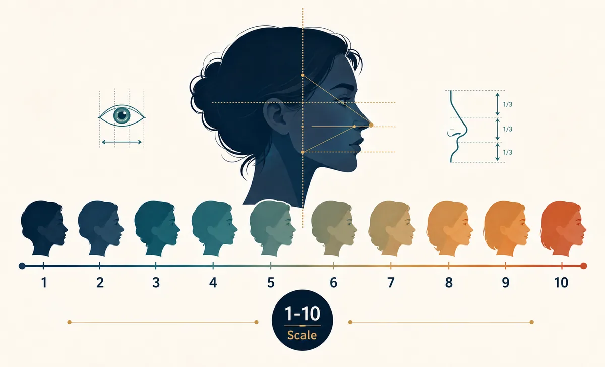 Editorial 1-10 attractiveness scale illustration with abstract portrait silhouettes and facial proportion cues