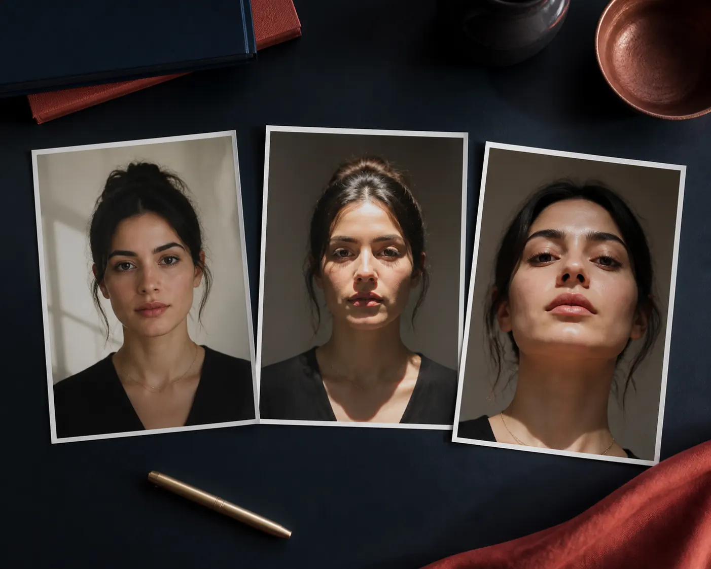 Three portrait prints showing how lighting and camera angle can change the appearance of the same face
