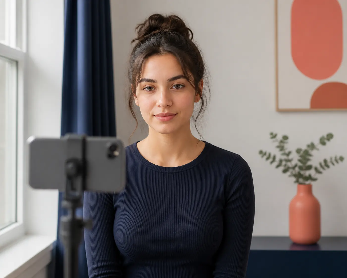 Person preparing a centered portrait with a smartphone near a bright window