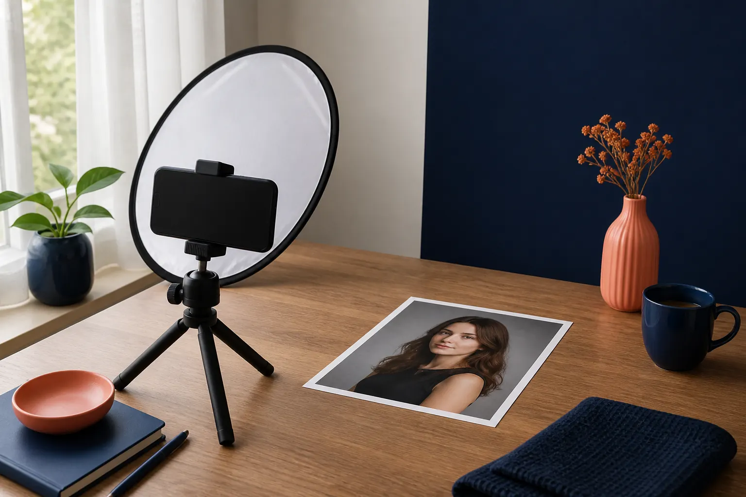 Smartphone on a tripod beside a reflector and a portrait print in a simple room
