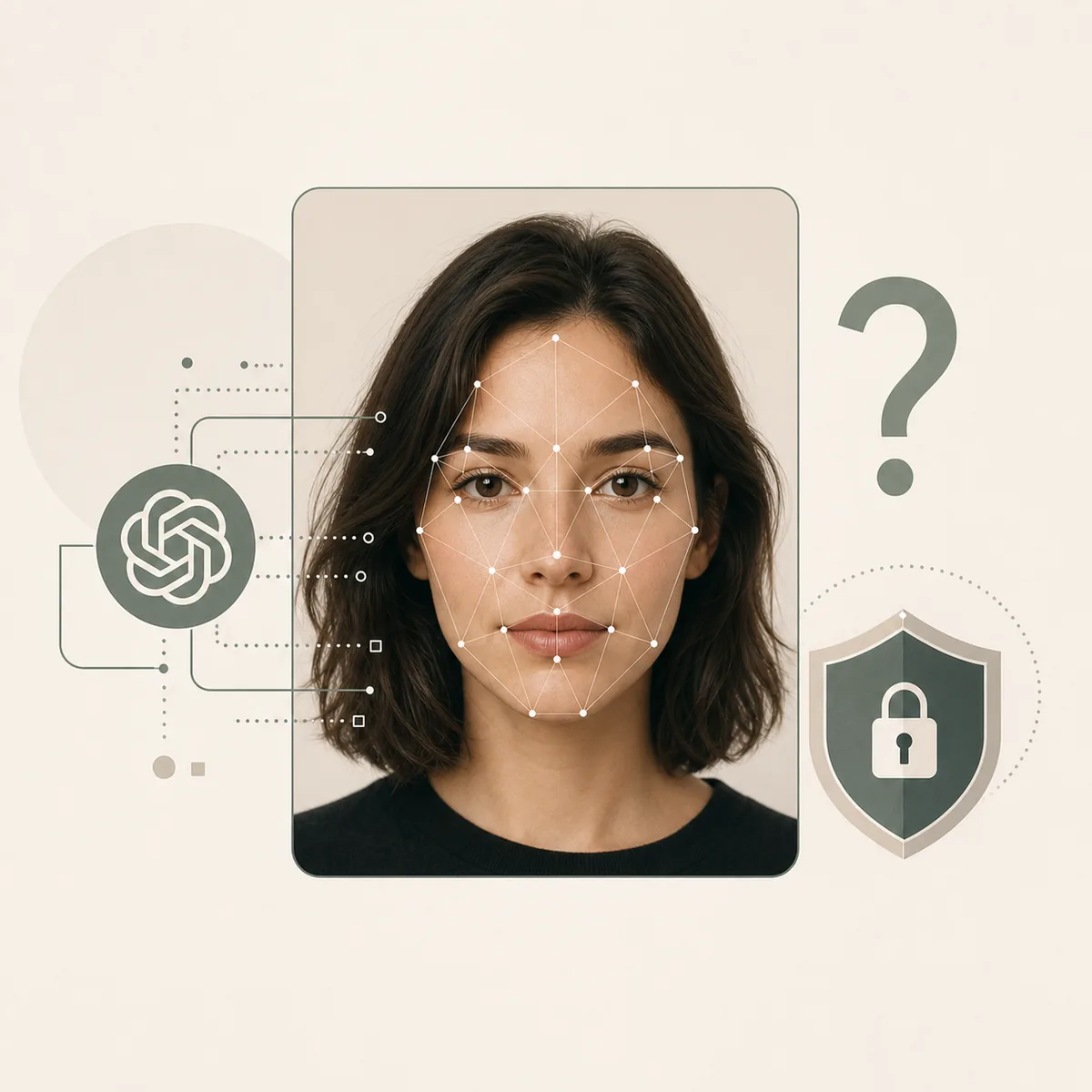 Editorial illustration of a ChatGPT attractiveness test with facial landmarks, question mark, and privacy shield