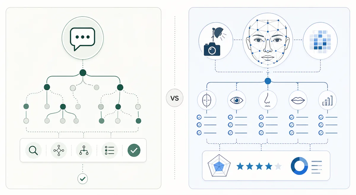 Comparison graphic showing ChatGPT reasoning versus dedicated AI face rating analysis