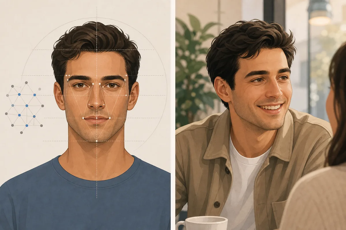 A two-part editorial illustration comparing facial landmark analysis in a neutral portrait with an expressive social interaction