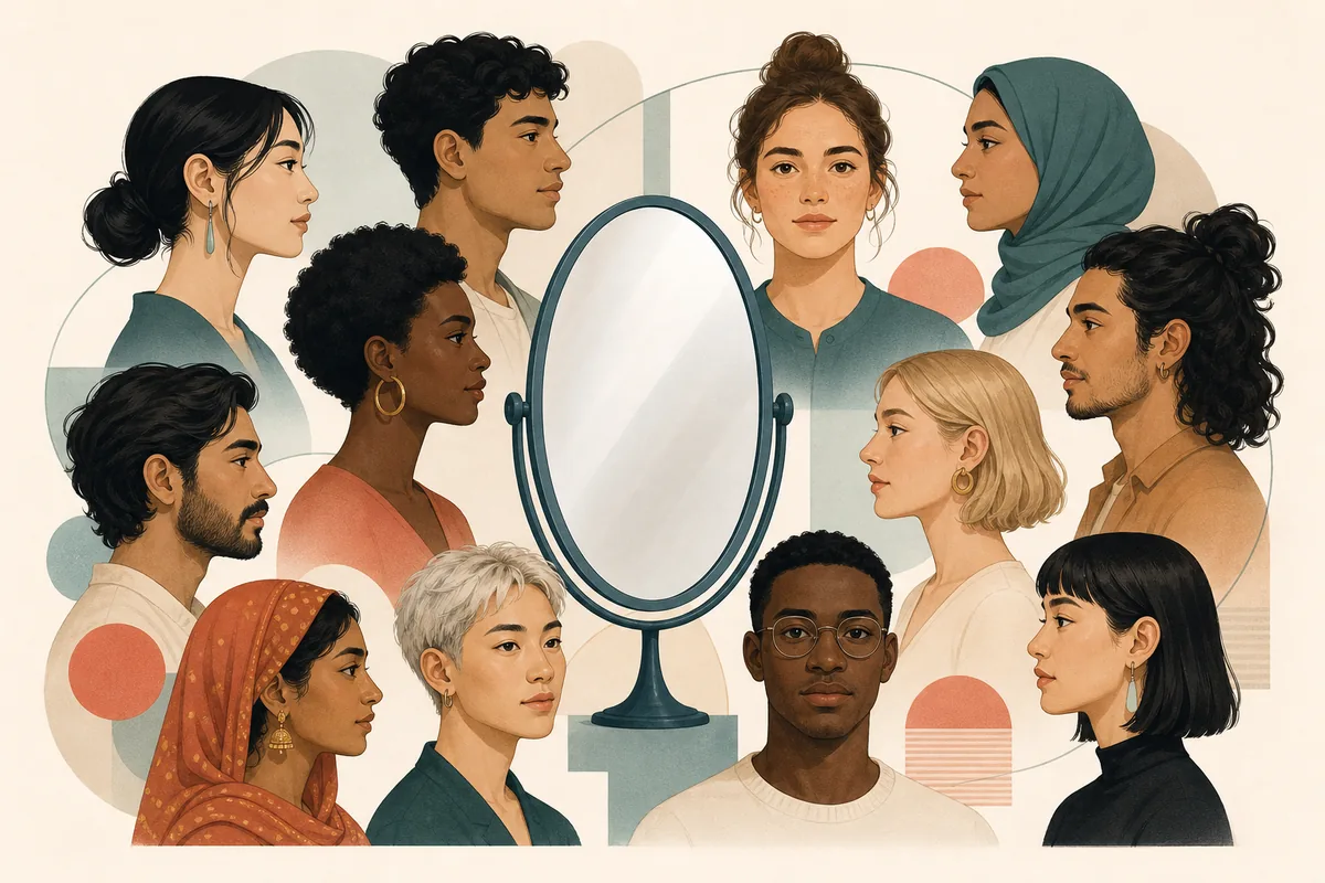 A diverse group of illustrated faces surrounding a neutral mirror, showing that conventional attractiveness is shaped by context rather than one universal score