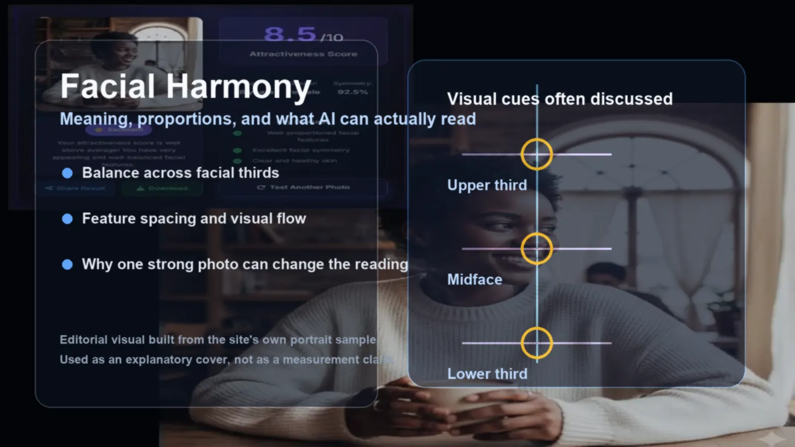 Editorial facial harmony guide cover using the site's portrait sample with labeled facial thirds and balance cues