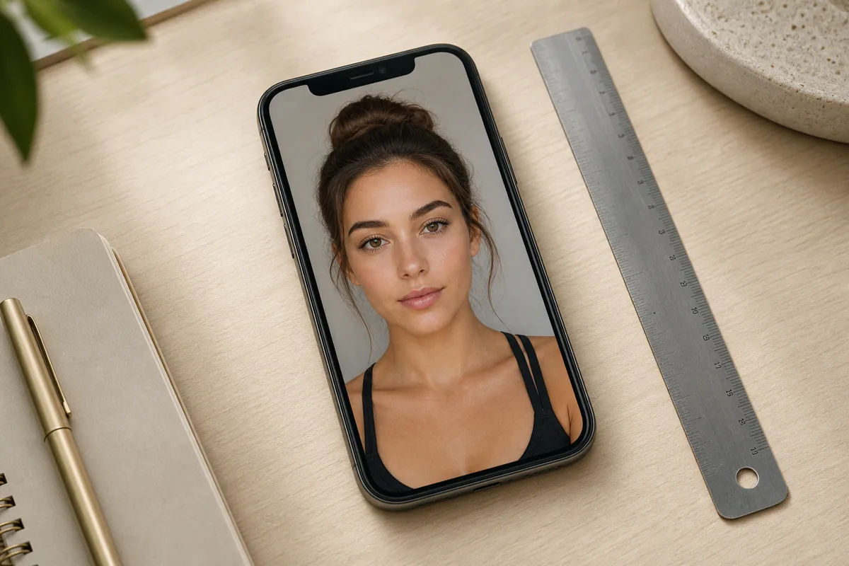 Phone and ruler setup for reviewing facial thirds from a front-facing photo
