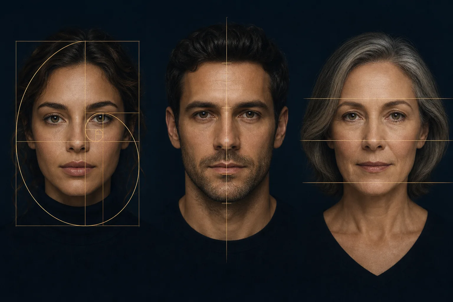 Three portraits comparing golden ratio geometry, symmetry, and facial thirds
