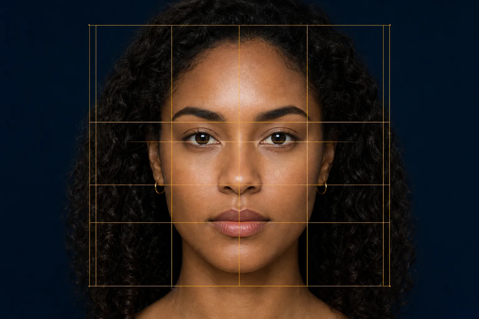 Front-facing portrait with facial landmark grid for measuring face ratios