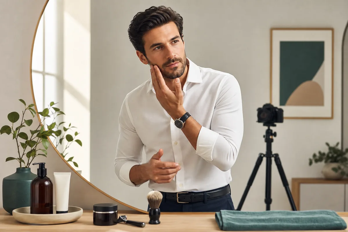 Safe looksmaxxing guide for men with grooming tools, mirror, and portrait setup