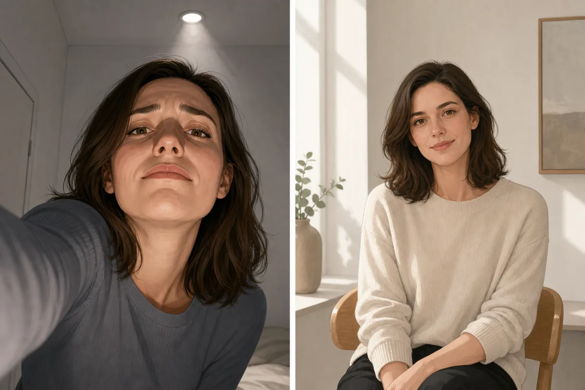 Comparison of a distorted close selfie and a better lit portrait setup for looksmaxxing photo feedback