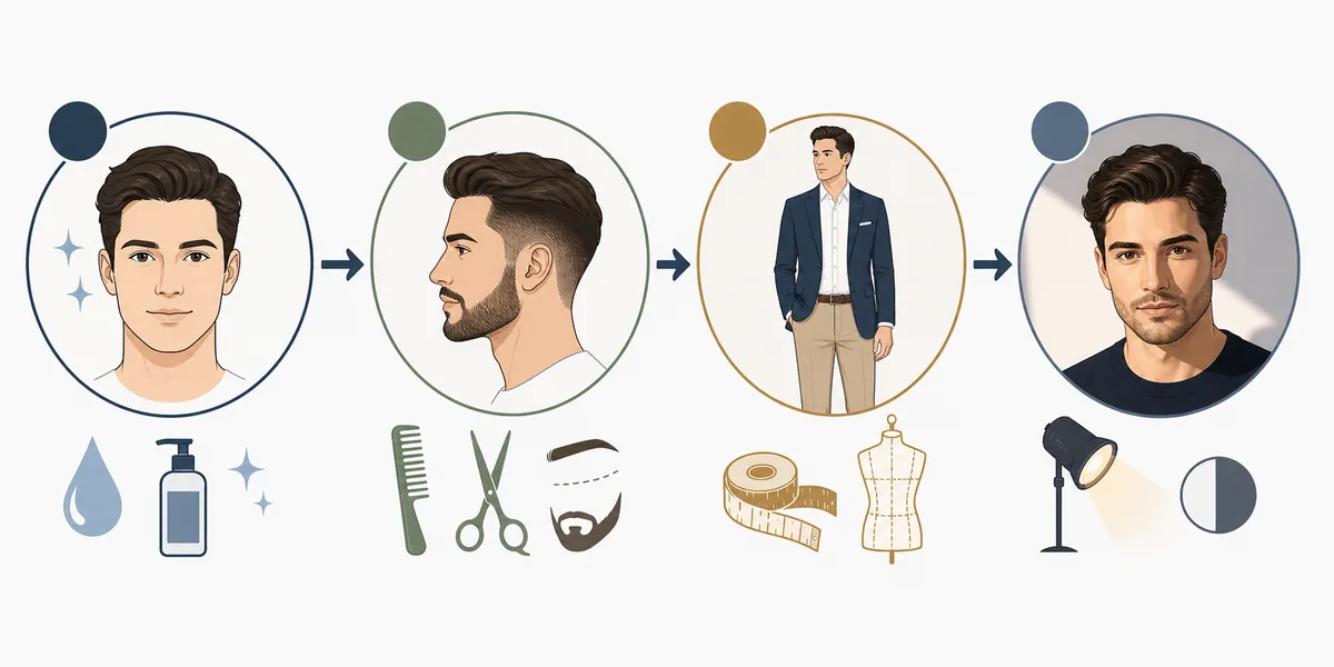 Editorial step flow showing grooming, haircut, clothing fit, and portrait lighting for a safe looksmaxxing routine