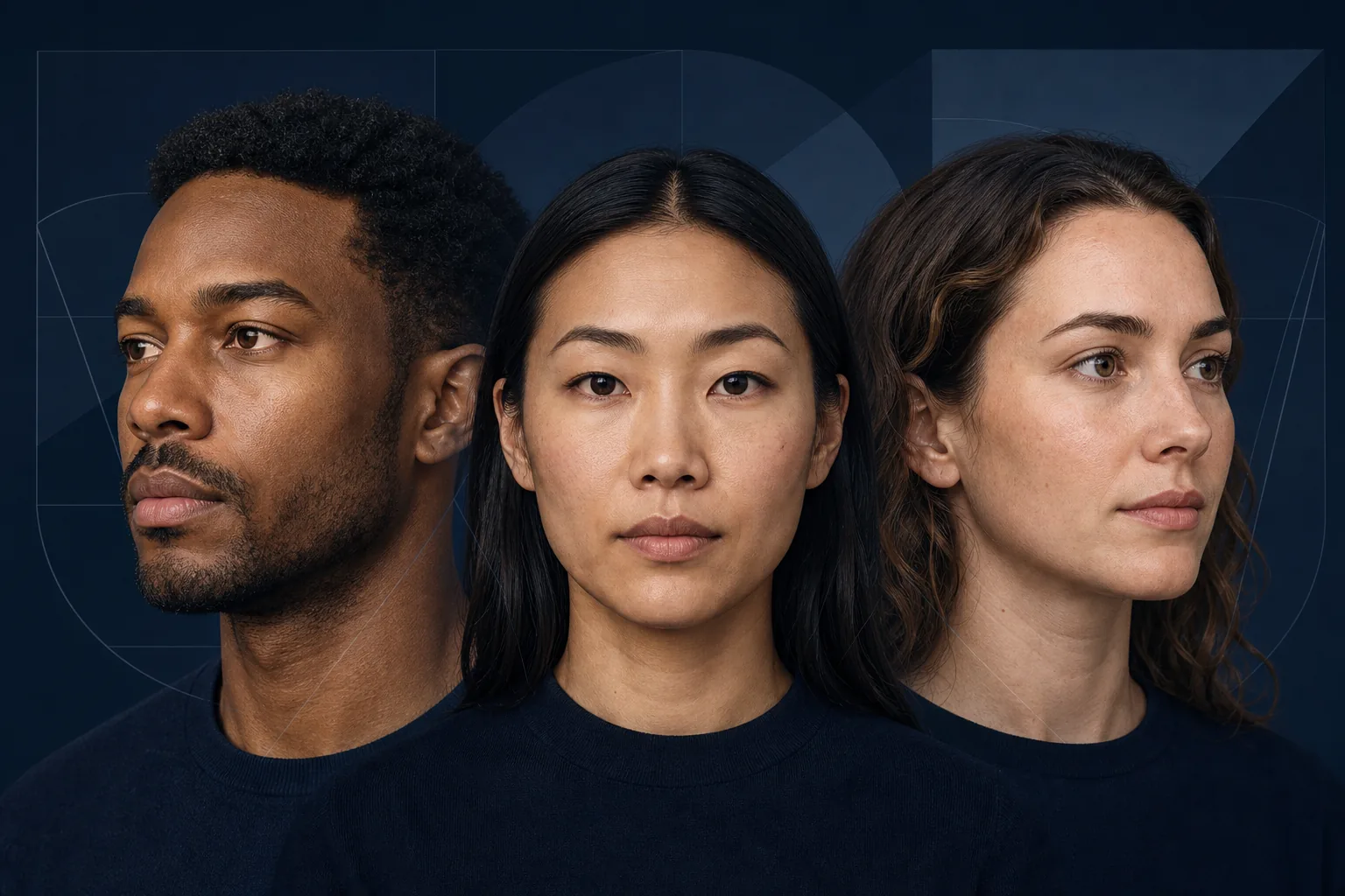 Three diverse adults illustrating variation in midface proportions