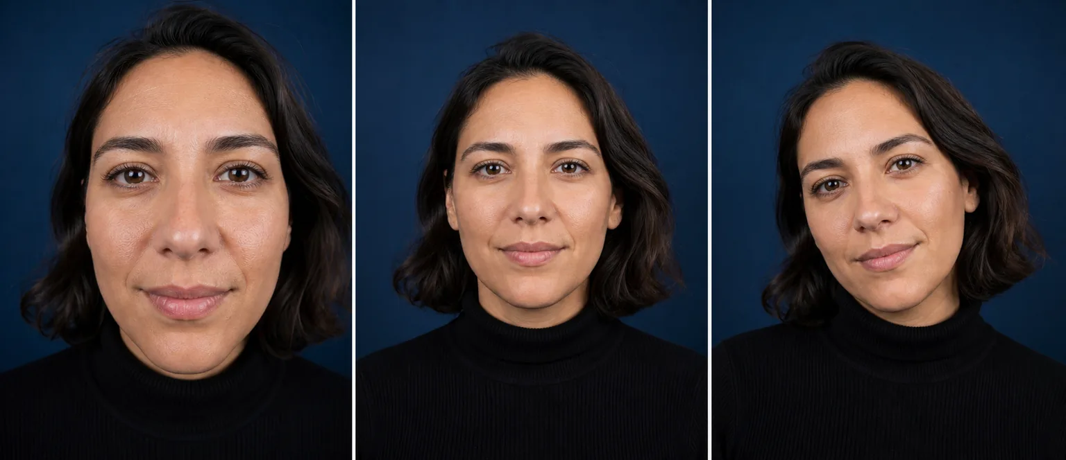 Three portrait setups showing close camera distance, neutral distance, and head tilt