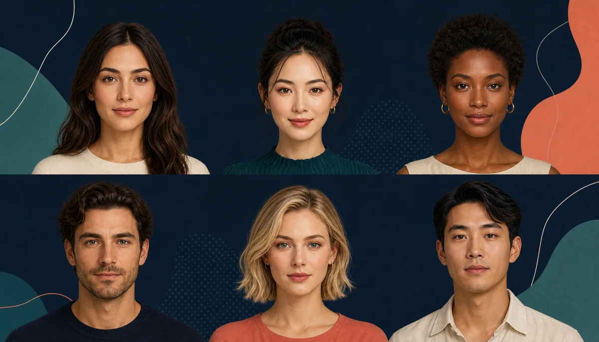 Six diverse adults with different face shapes shown without ranking one above another