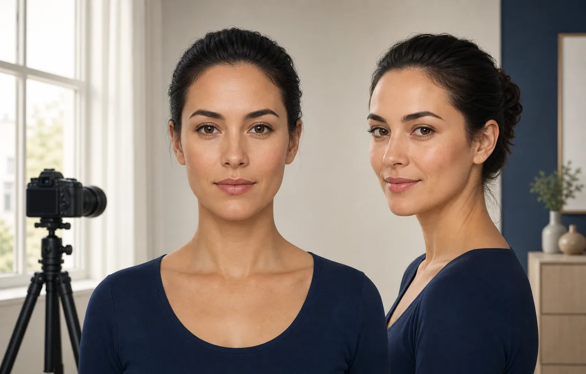 Front-facing and three-quarter portrait setup for checking face shape with even light and camera distance