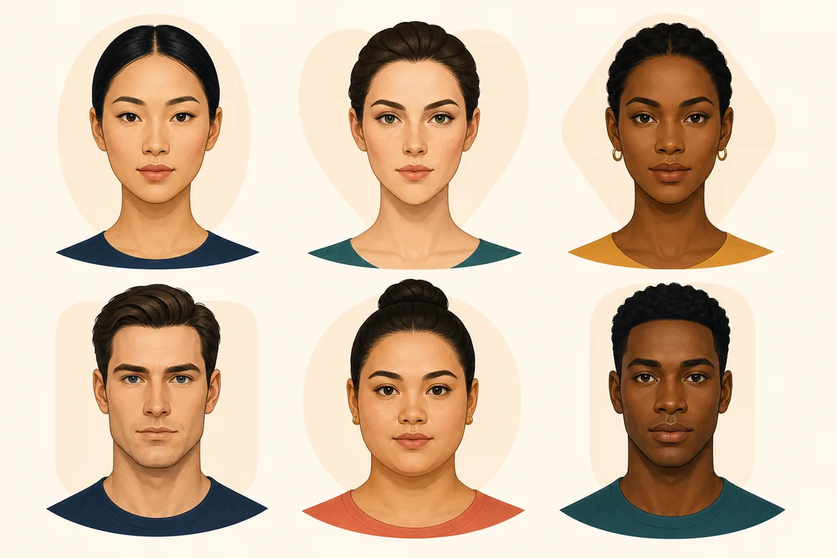 Six illustrated portraits comparing oval, heart, diamond, square, round, and oblong face contours