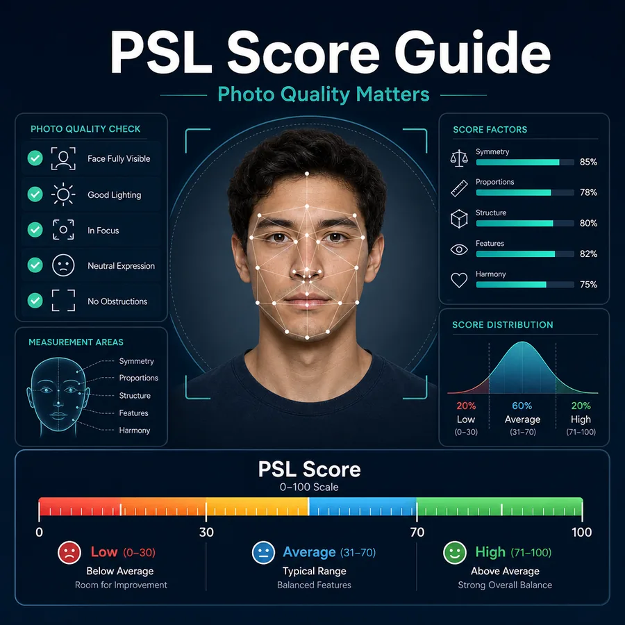 PSL score guide infographic showing a face rating scale and facial landmark analysis