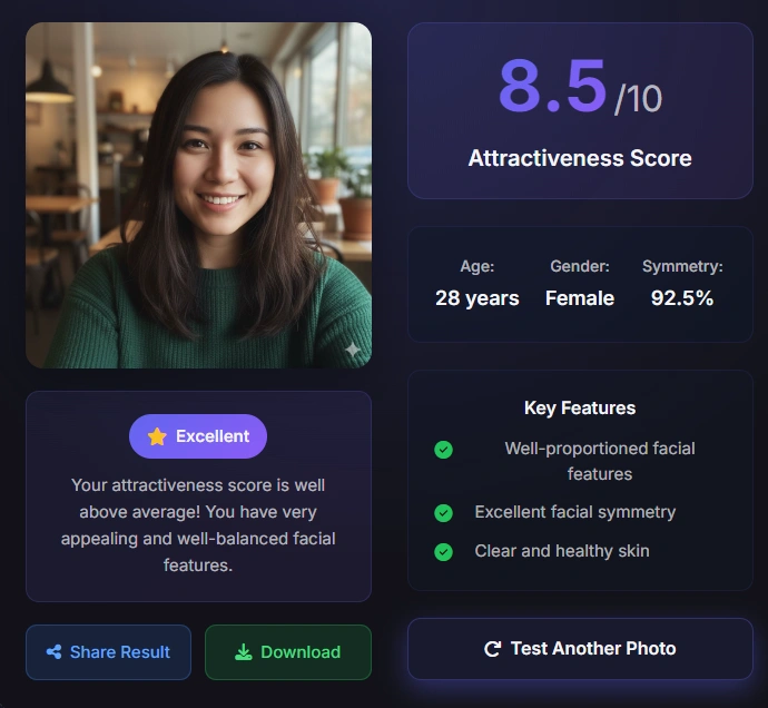 Female attractiveness test result - 28 years old, score 8.5/10
