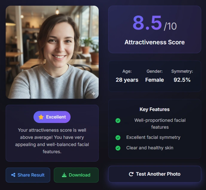 Female attractiveness test result - 28 years old, score 8.5/10
