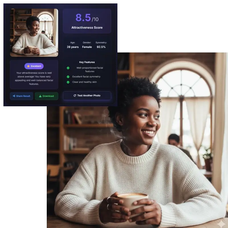 Female attractiveness test result showing 8.5 beauty score with smiling cafe portrait