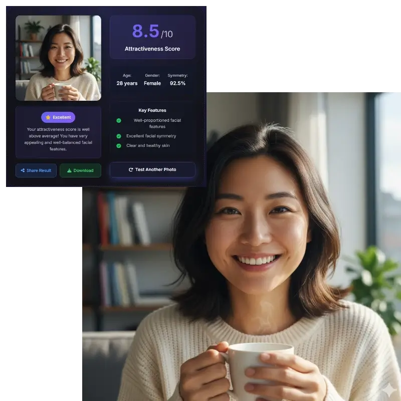 Female attractiveness test result showing 8.5 beauty score with smiling indoor portrait
