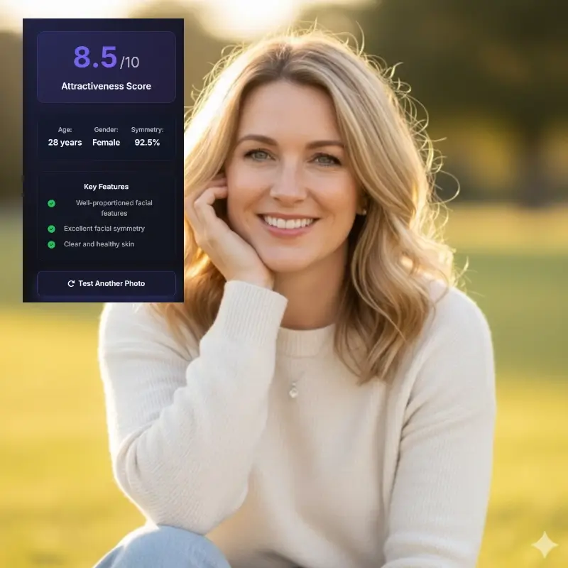 Female attractiveness test result showing 8.5 beauty score with smiling outdoor portrait