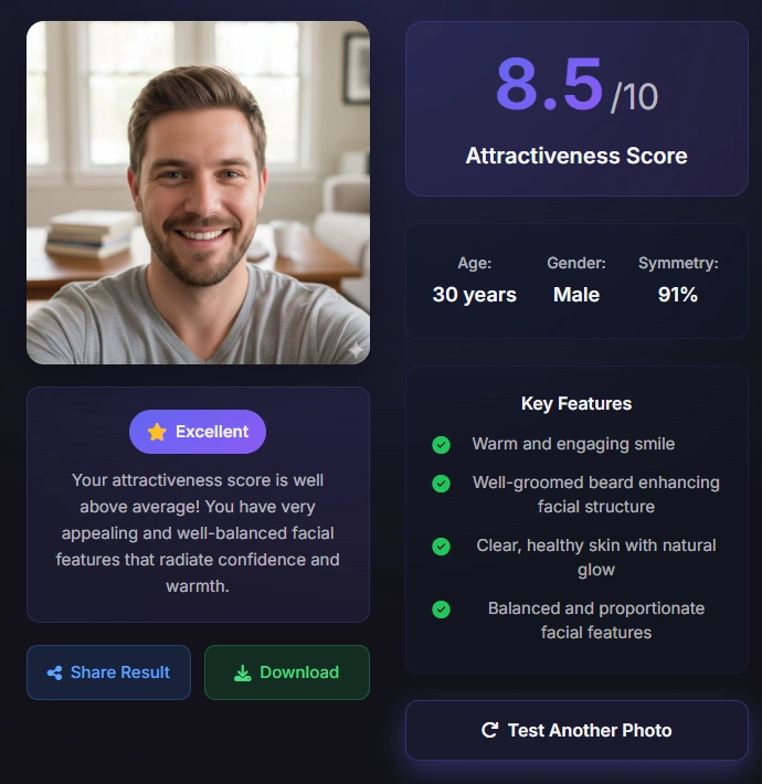 Male attractiveness test result - 30 years old, score 8.5/10