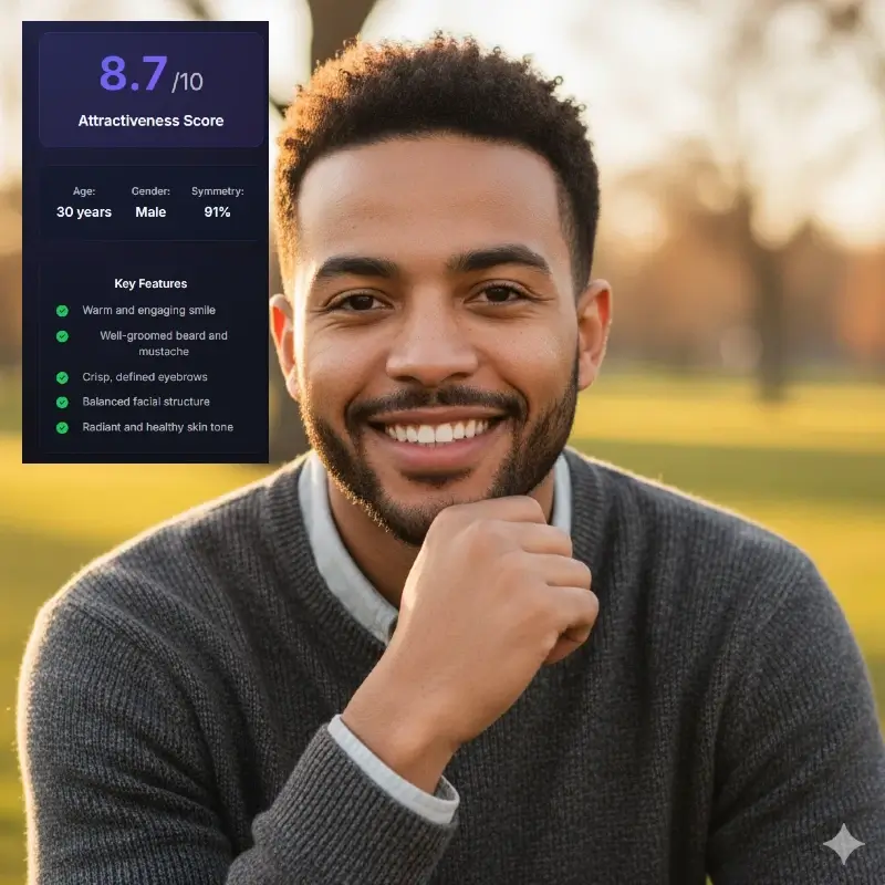 Male attractiveness test result showing 8.7 beauty score with smiling outdoor portrait