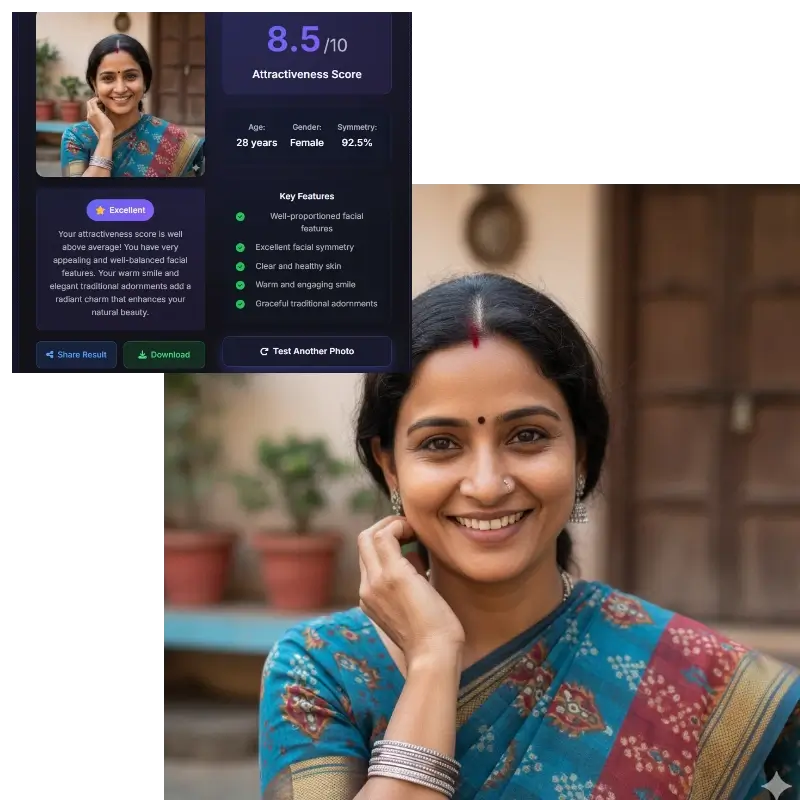 Female attractiveness test result showing 8.5 beauty score with traditional portrait style